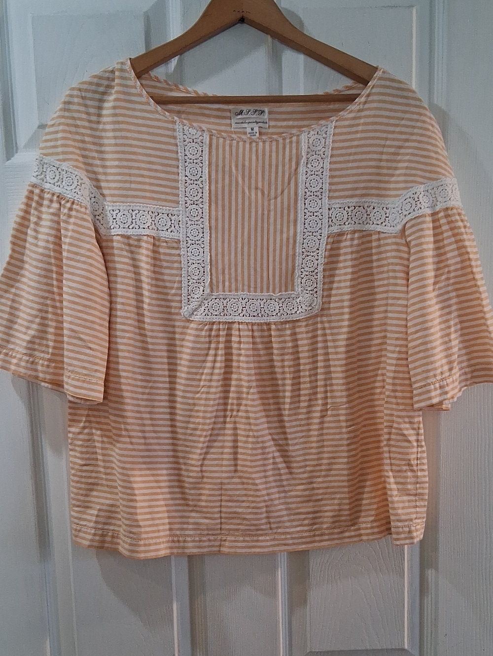 Lightweight Peach Stripe Lace-Yoke Peasant Blouse